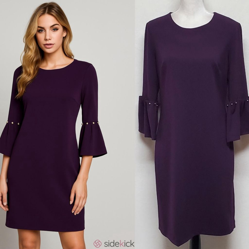 DONNA Karan Black Label Plum Beaded Bell Sleeve Sheath Dress 12